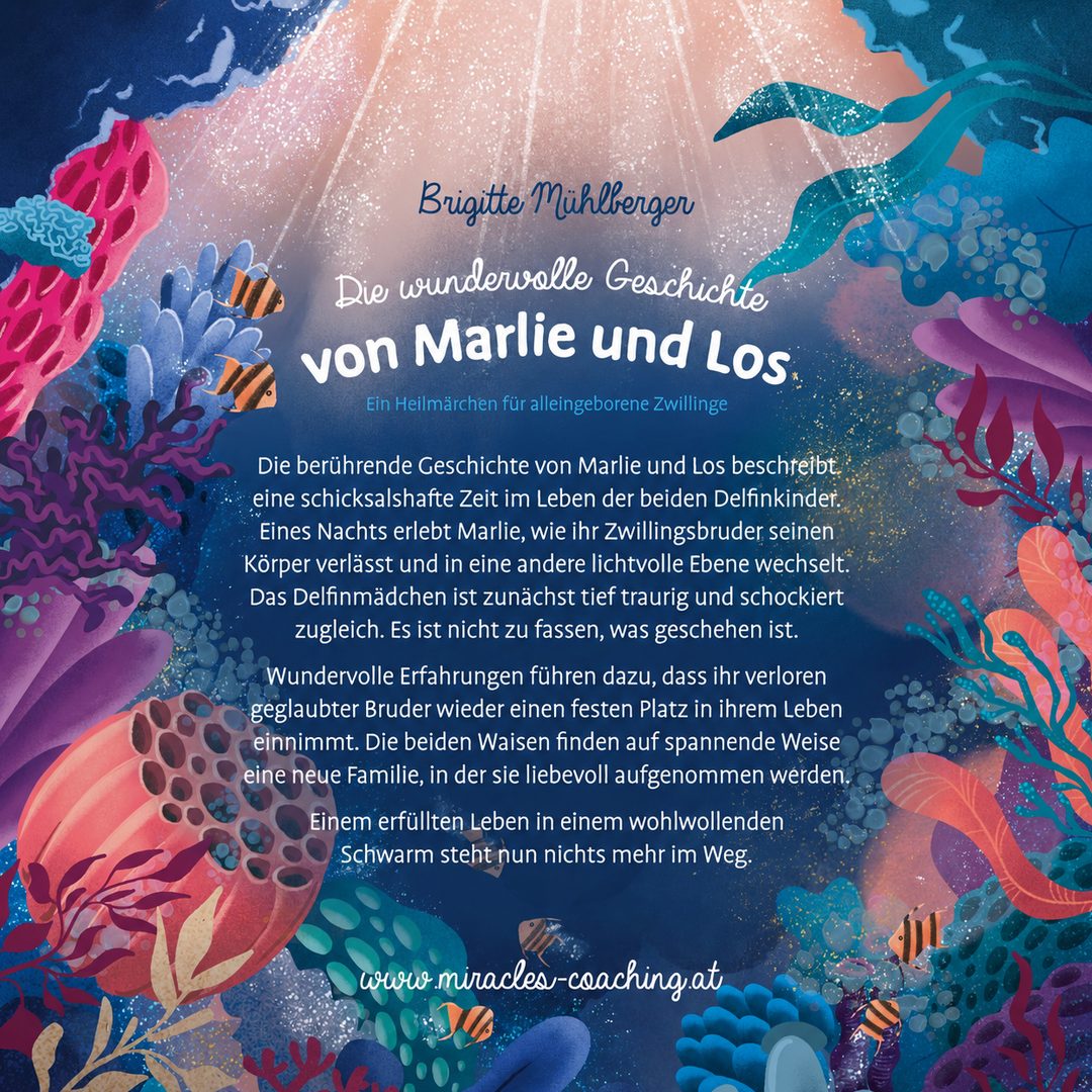 Rückseite des Buchcovers mit der Inhaltsbeschreibung des Heilmärchens von Marlie und Los